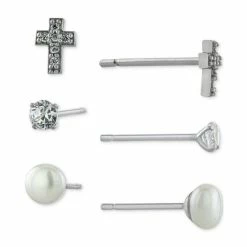 Hot Sale 🌟 Giani Bernini 3-Pc. Cubic Zirconia & Cultured Freshwater Pearl (4mm) Stud Earrings In Sterling Silver, Created For Macy's 🤩