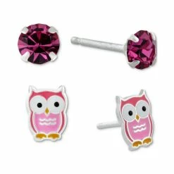 Best Pirce ⭐ Giani Bernini 2-Pc. Set Crystal Solitaire & Enamel Owl Stud Earrings In Sterling Silver, Created For Macy's Pink/white 🤩